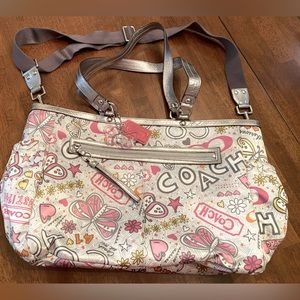 Coach Bandana Butterfly Graffiti multifunctional tote bag in pink/grey.